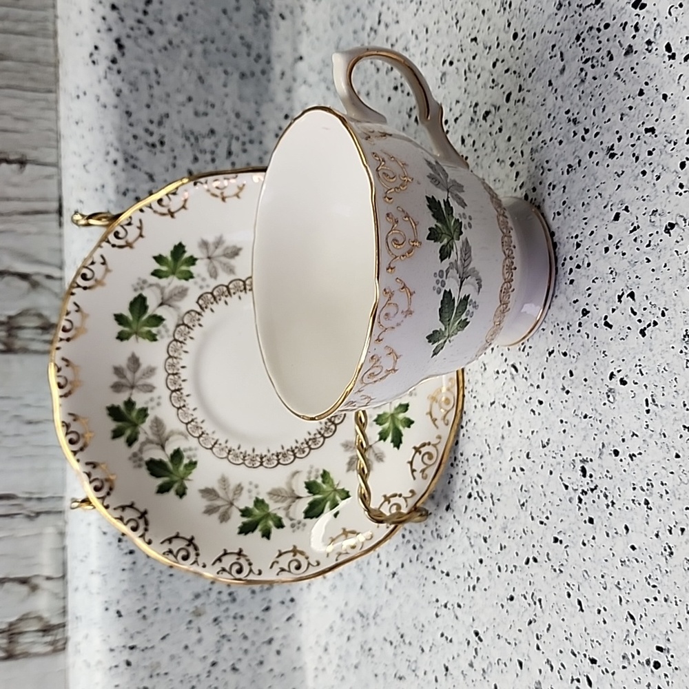 Colclough Tea Cup and Saucer with Green Leaves and Gold Scrolls, Vintage